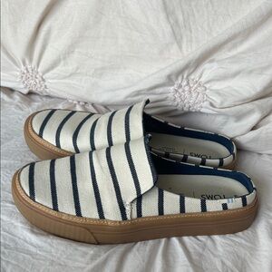 Toms Navy and White Striped Canvas Slip-Ons